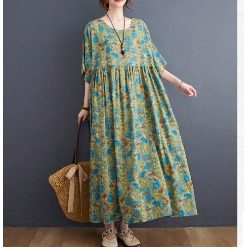 Oversize One-Piece Summer Dress 2021 New Fashion Dress Elegant Short Sleeve Floral Cotton Long Dress Robe Female WomenS Dresses