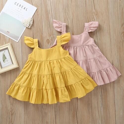 Summer Girls Ruffle Dress Childrens Solid Color Casual Cotton Sling Dresses WT325