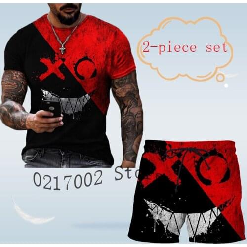 Mens grinning face 3D T-shirt + shorts 2-piece set, fashion printed T-shirt + shorts sportswear 2-piece set, mens sportswear
