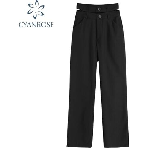 2021 New Black Design Suit Pants Woman Double High Waist Spring Office Lady Long Trousers Solid Loose Wide Leg Pants Female