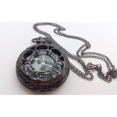 Wholesale 10 PCS/lot black sunflower Nightmare skull pattern Fashion quartz Flip clock Necklace pocket watches