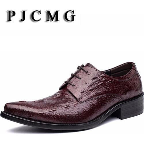 PJCMG New Black/Red Mens Oxfords Crocodile Pattern Lace-Up Pointed Toe Genuine Leather Business Formal Men Wedding Office Shoes