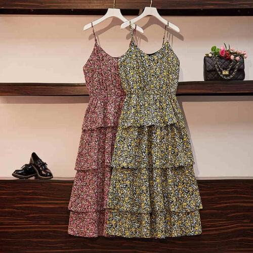 5XL 6XL 2020 summer women printed plus size dress sexy spaghetti strap v-neck ruffles cake long dresses beach holiday boho jc149