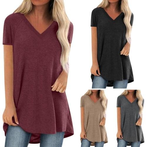 Casual Summer Women Solid Color Short Sleeve Loose Long T-shirt Turtleneck Short Sleeve Cotton girl