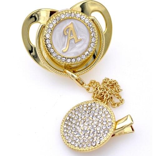 26 Name Initial Letter Baby Pacifier and Pacifier Clips BPA Free Silicone Infant Nipple Gold Bling Newborn Dummy Soother chupete