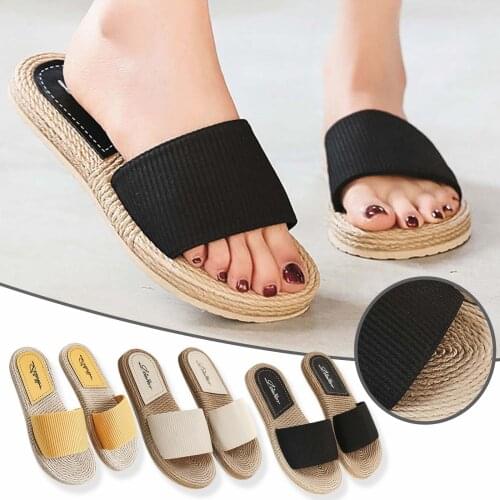 Pantufa Women Sandals Summer Imitation Straw Slippers Mid-heel Flat Beach Shoes Non-slip Outdoor Open-toe Set Foot Flip-flops