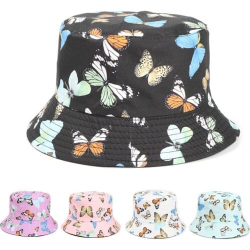 New Fashion Women Butterfly Print Fisherman Hat Panama Reversible Bucket Hats Casual Sun Protection Fishing Cap