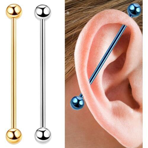 2 pcs/lot 14G 35mm Long Barbell Industrial Piercing Oreja Gold Stainless Steel Jewelry Ball Helix Piercing Cartilage Earrings