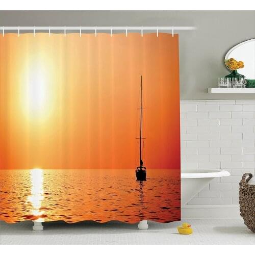 Nautical Shower Curtain Sailboat Decor Lonely Yacht at Sunset Sailing Competition Race Teamwork Vessel Winner Bathroom Curtains