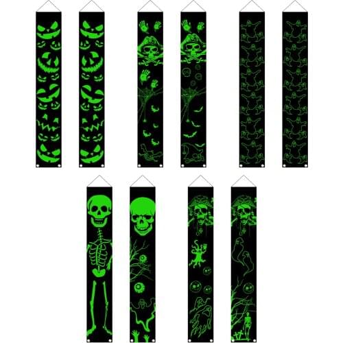 Luminous Halloween Porch Sign Banners Halloween Trick Or Treat Skeleton Banners Porch Signs For Front Door Outside Yard Value