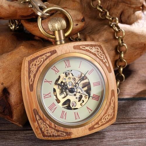 Creativity Carving Dial Hollow Wooden Mechanical Pocket Watch Men Women Square Elegant Skeleton Roman Numerals Steampunk Watches