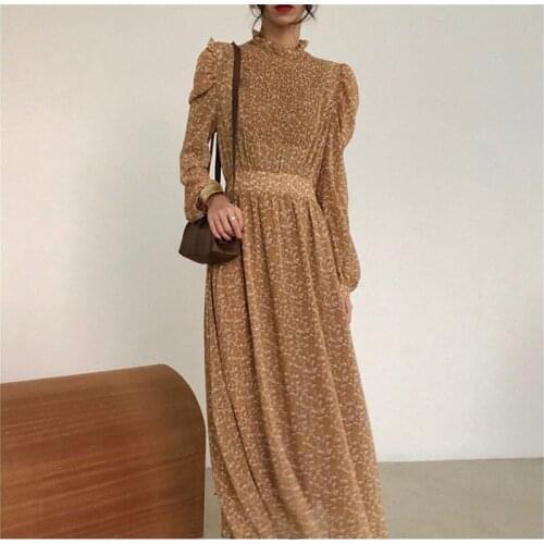 Zoulv2021 Spring Elegant Long Sleeve Vintage High Waist Stand Collar Print Floral Plus Size A-Line Casual All-Match Long Dresses