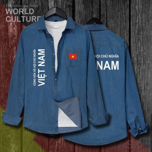VietNam VietNamese Viet Nam VNM VN Men Nation Flag Clothes Autumn Cotton Long Sleeve Cowboy fashion Turn-down Collar Jeans Shirt