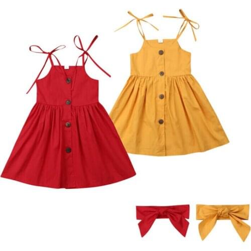 Wallarenear 1-6Y Toddler Kids Baby Girl Princess Solid Tunic Party Wedding Dress Sleeveless with Bowknot Headband SummerClothes