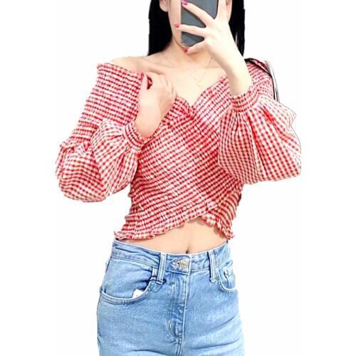 2020 Women Summer Blouse Puff Long Sleeve Off Shoulder Sexy Backless Short Shirt Elegant Asymmetric Hem Womens Blouses