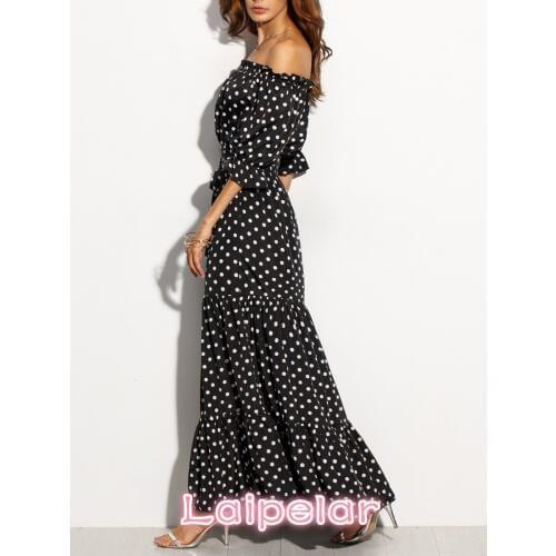 Women Casual Polka Dot Ankle-Length Lady Fashion Off Shoulder High Waist Flounced Hem Chiffon Long Clothes Laipelar
