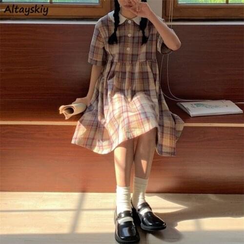Plaid Dresses Women Peter Pan Collar Retro Japanese Style Kawaii Popular Chic Trendy Girls Loose Leisure Vestido Feminino Summer