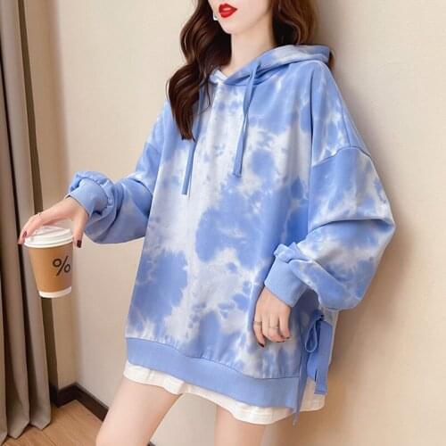 Large Size Womens Spring Autumn Hoodies Thin Long Sleeve Sweatshirt Womens Korean Loose Design Top Tie Dye Harajuku Hoodie Ins