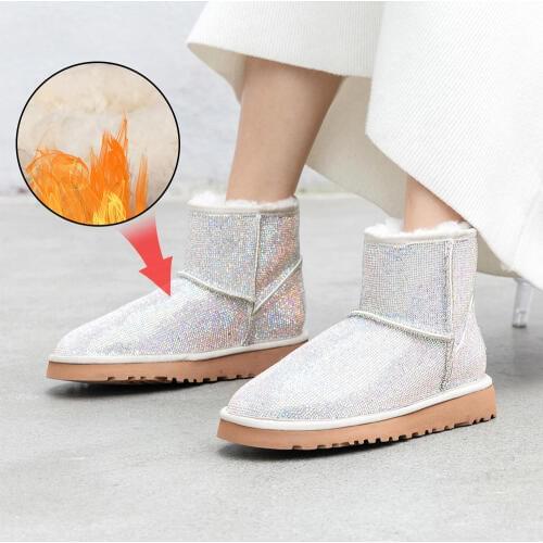Plus Size 34-42 Ladies Winter Boots Leather Rhinestones Snow Boots 2020 Sheepskin Wool One-piece Womens Boots Women Ankle Boots
