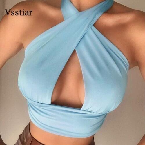 Vsstiar Off Shoulder Crop Top New Summer Backless Club Party Outfits Black Ruched Sleeveless Sexy Halter Women Tank Top