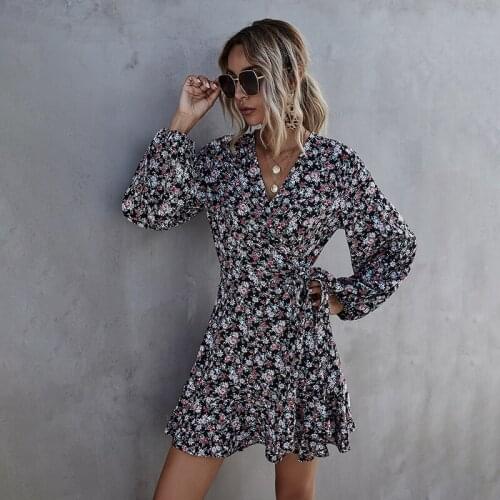 2021 New Summer Floral Short Dress Women Casual V Neck Lentern Sleeve High Waist Loose Ladies Mini Print Dresses