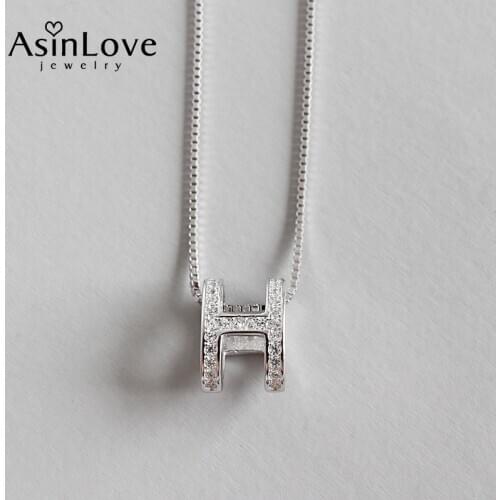 AsinLove Real 925 Sterling Silver Letter H Pendant Necklace Simple Irregular Concave Geometric Zircon Necklace for Women Jewelry