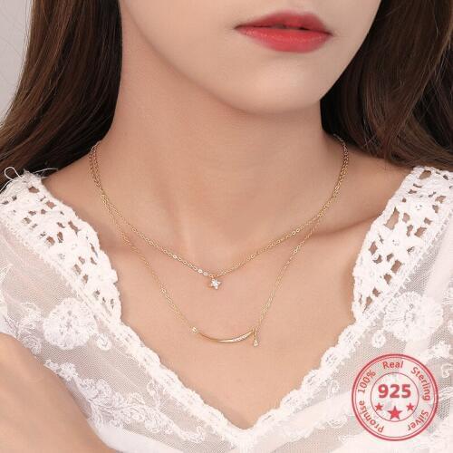 Pure S925 Sterling Silver Fine Necklaces Star Zircon Exquisite Pendant Clavicle Fashion Chain Double Women Jewelry Necklaces
