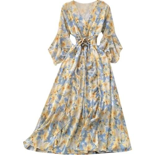 2021 Summer Womens Chic Floral Dresses Design New Flare Sleeve V-Neck Printed Bandage Dress Casual Loose Woman Vestidos