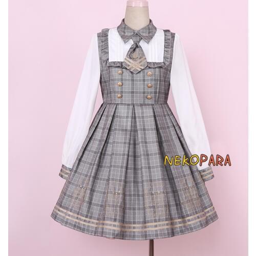 Detective Bear Womens Preppy Style Neck Tie Long Sleeve Lolita Dress Plaid Checks One Piece & Hat Cute