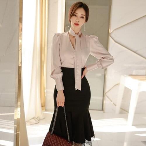 Fashion outdoor women set new arrival korean casual ruffles bow shirt and midi lace skirt trend high quality two-piece set