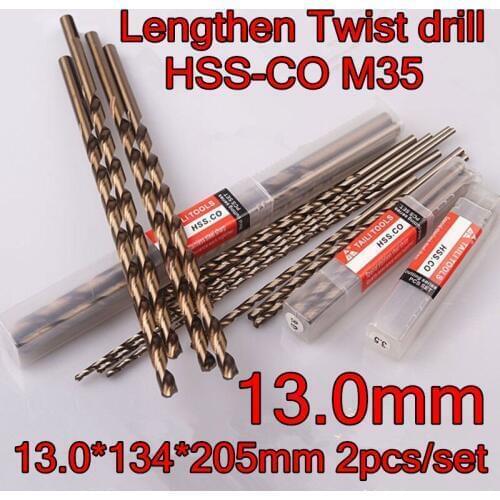 13.0*134*205mm 2pcs/set HSS CO5% M35 Containing cobalt longer twist drill Processing stainless steel and steel