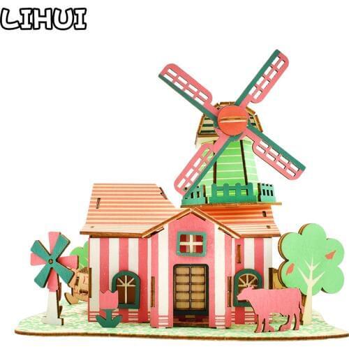 3D Wooden Puzzle Toys Assembly Model Toys for Children DIY Handmade Wooden House Model Building Kits Jigsaw for Kids Xmas Gifts