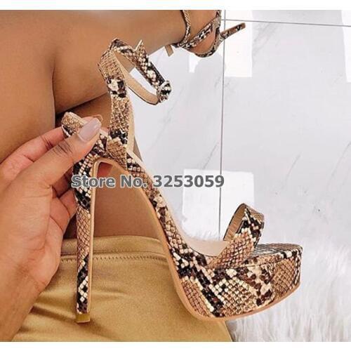 ALMUDENA Designer Brown Gey Snakeskin Platform Sandals Stiletto Heels Buckle Strap Dress Shoes Concise Wedding Pumps Dropship