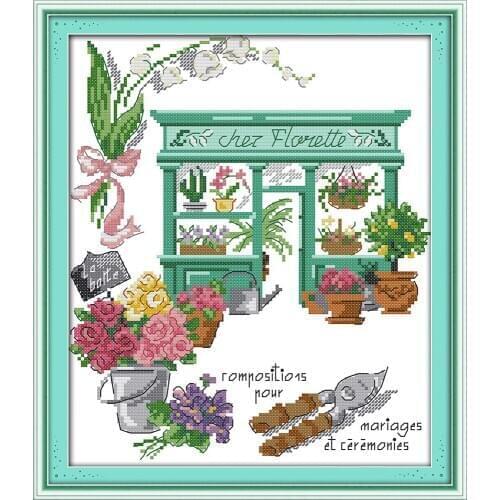 Flower shop cross stitch kit cartoon flowers Aida count 18ct 14ct 11ct printed embroidery DIY handmade needlework decor