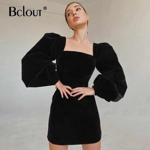 Bclout Elegant Black Square Collar Dress Women Sexy Puff Sleeve Pleated Bodycon Dress Velvet Zipper Mini Dresses Autumn 2021