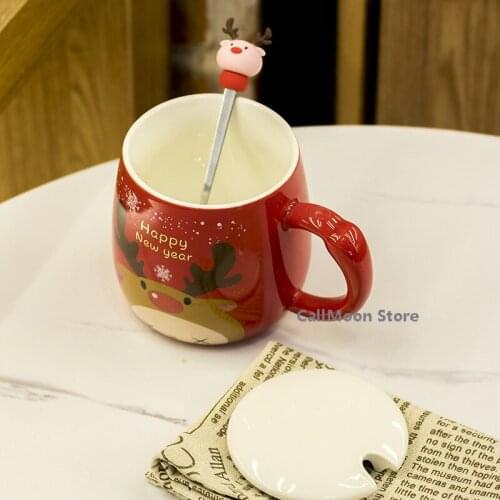 Coffee Cup with Lid Spoon Ins 400-500ml Christmas Gift Elk Ceramic Cartoon Cute Mug Coffee Cup Milk Cup Water Cup Tea Cup Mugs