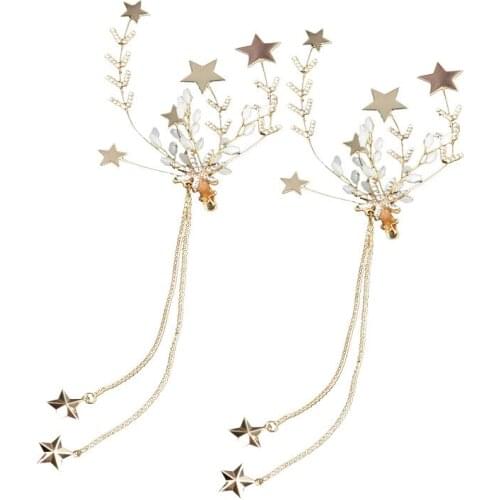 Korean bridal sweet pair clip headdress, long fringed hair accessories, golden five-pointed star hairpin, wedding accessories