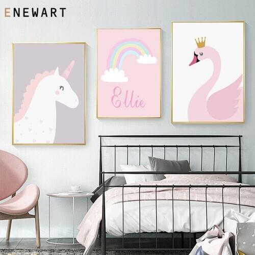 Swan Horse Rainbow Canvas Print Picture Nursery Poster Custom Name Child Wall Art Painting Nordic Kids Bedroom Decoration