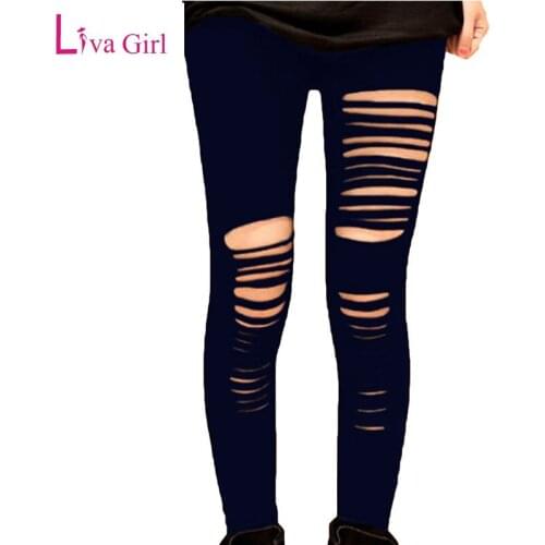 LIVA GIRL Fashion Elastic Holes Pencil Pants For Women Onesize Fitness Leggings Sexy Long Trousers Fantasy Getting Ripped Pants
