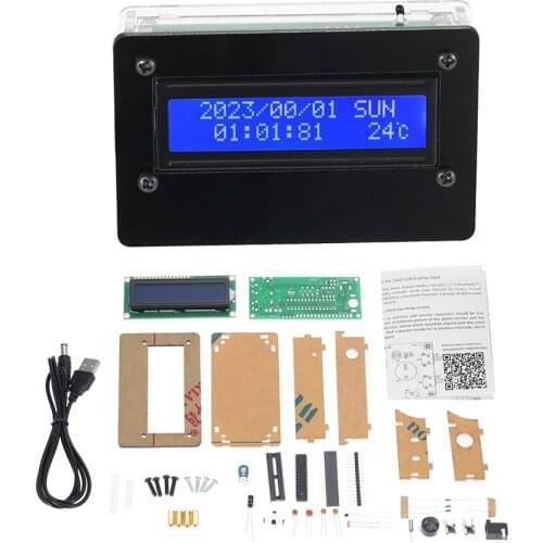 NEW arrival 1602 LCD 3-channel Alarm Clock DIY kit Digital Clock Kit +Acrylic Case +USB Cable Time Temperature Date Week Display