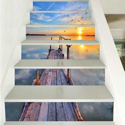 6pcs/13pcs Natural Scenery Color Geometry Decoration Stairs Stickers PVC Self Adhesive Wallpaper Decor Staircase Mural Decals