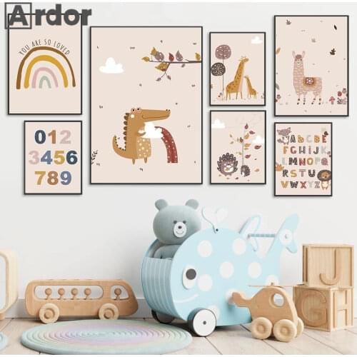 Boho Rainbow Alpaca Giraffe Dinosaur Hedgehog Wall Art Poster ABC Alphabet Art Print Arabic Alphabet Canvas Painting Home Decor