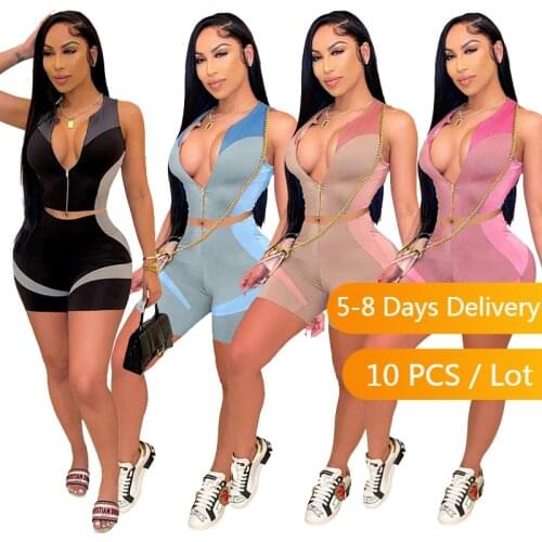 Wholesale Items Casual Tracksuit Women Sportswear Color Patchwork Joggers Women Set Summer Clothes Jacket Top Biker Shorts Set