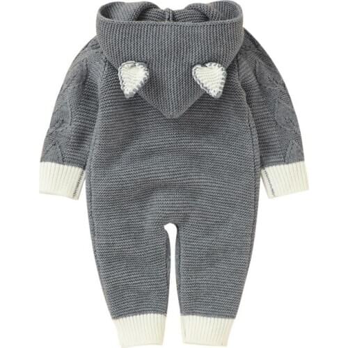 Autumn Baby Girls Boys Long Sleeve Knitted One-Pieces Solid Print Hoodie Rompers Kids Infant Jumpsuit