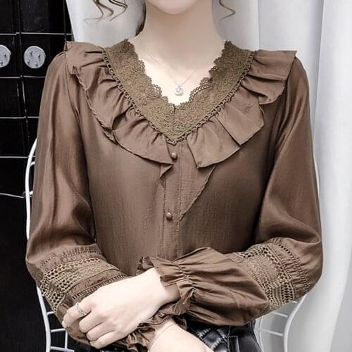 Long Sleeve Chiffon Blouse Shirt Women Tops Blouse Women Blusas Mujer De Moda 2021 Ruffles V-Neck Blouse Women Blouses E342