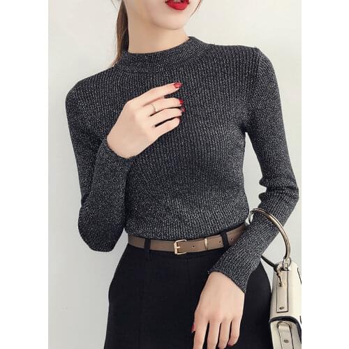 Shiny Lurex Autumn Winter Sweater Women Long Sleeve Pullover Women Basic Sweaters Turtleneck 2020 Korean Style Knit Tops Femme