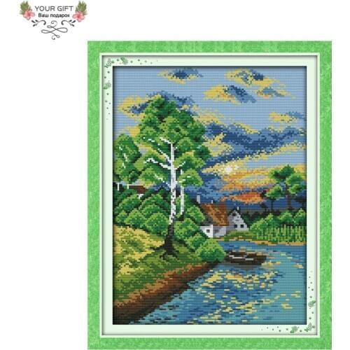 Your Gift F448 14CT 11CT Counted and Stamped Home Decor Sunset On The River Needlework Needlepoint Embroidery Cross Stitch kits