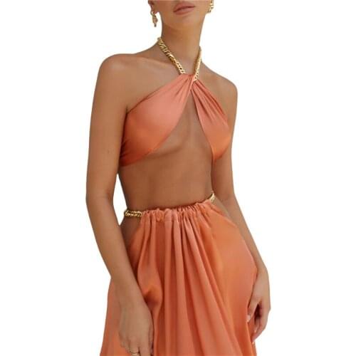 Female Camisole Solid Color Halter Neck Vest Sleeveless Crop Tops with Metal Strap for Summer Black/Coral Pink/Champagne