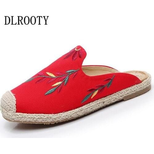 Women Slippers Hemp National Style Embroider Leaves Sandals Shoes Flip Flops Summer Fashion Outdoor Home Slides Casual Female