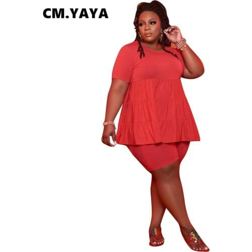 CM.YAYA Women Set Casual Tracksuit Solid Short Sleeve O-neck Long Loose Tops Sheath Elastic Shorts 2 Piece Set Summer Outfit